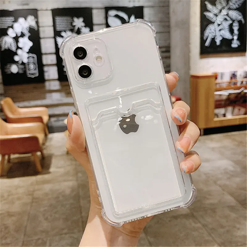 Card Bag Holder Clear Phone Case For iPhone 11 12 13 14 15 Pro Max XR X XS SE 2020 7 8 Plus Soft Shockproof Bumper Back Cover