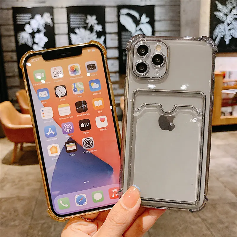 Card Bag Holder Clear Phone Case For iPhone 11 12 13 14 15 Pro Max XR X XS SE 2020 7 8 Plus Soft Shockproof Bumper Back Cover