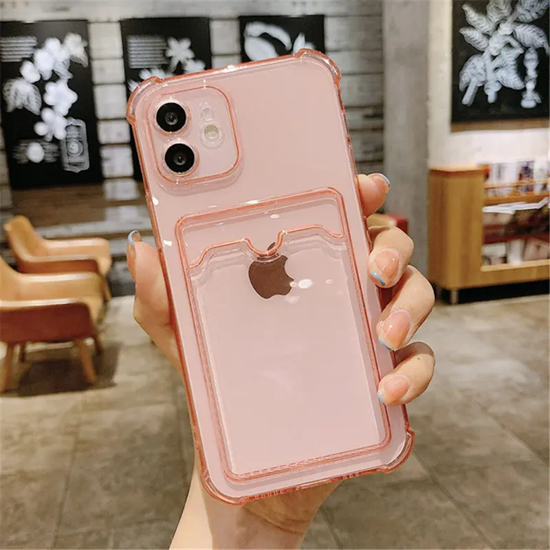 Card Bag Holder Clear Phone Case For iPhone 11 12 13 14 15 Pro Max XR X XS SE 2020 7 8 Plus Soft Shockproof Bumper Back Cover