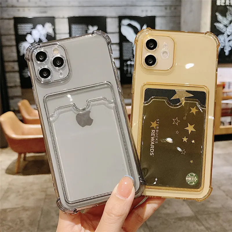 Card Bag Holder Clear Phone Case For iPhone 11 12 13 14 15 Pro Max XR X XS SE 2020 7 8 Plus Soft Shockproof Bumper Back Cover