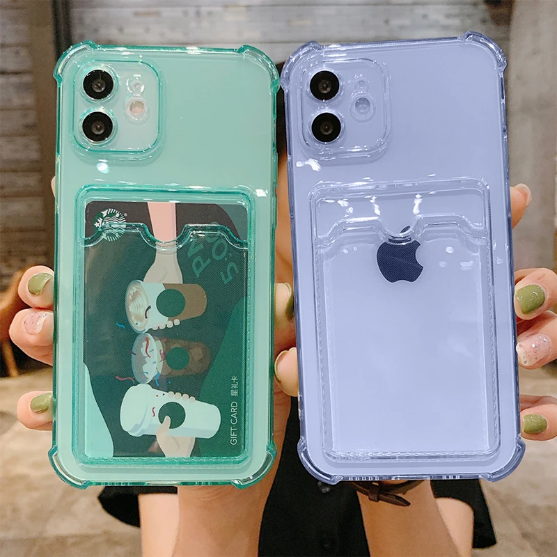 Card Bag Holder Clear Phone Case For iPhone 11 12 13 14 15 Pro Max XR X XS SE 2020 7 8 Plus Soft Shockproof Bumper Back Cover