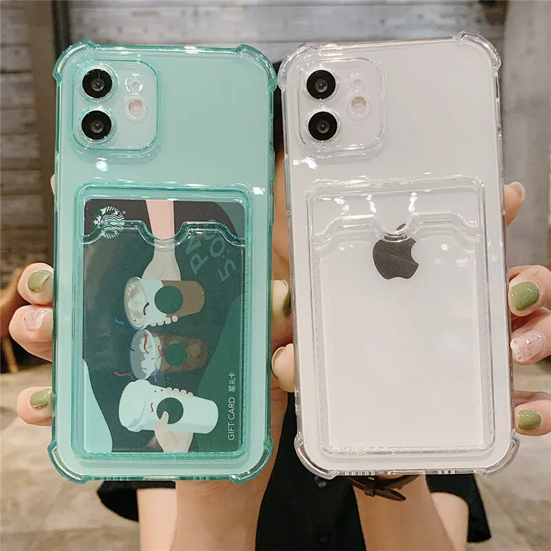 Card Bag Holder Clear Phone Case For iPhone 11 12 13 14 15 Pro Max XR X XS SE 2020 7 8 Plus Soft Shockproof Bumper Back Cover