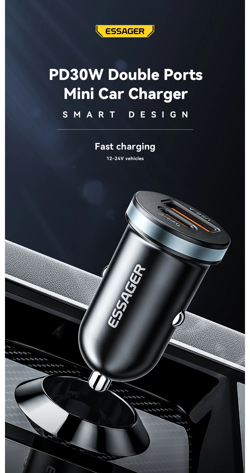 Essager 30W USB C Car Charger Type C Quick Charger PD QC 3.0 SCP 5A Fast Charging Car Phone Charge For iPhone Xiaomi Samsung