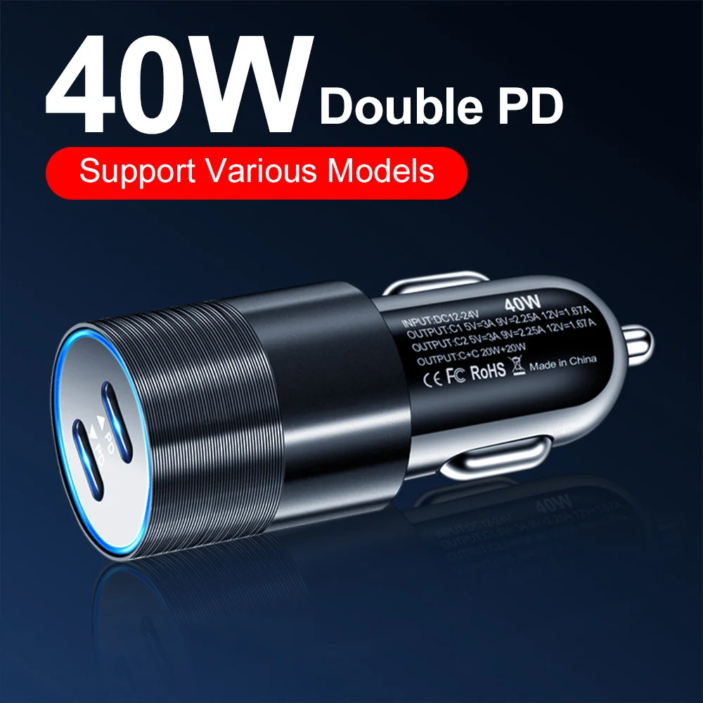 Olaf Dual USB C Fast Car Charger 40W 2 Port Type C PD Car Phone Charger for iPhone 13 12 11 Pro Max Samsung Power Adapter in Car