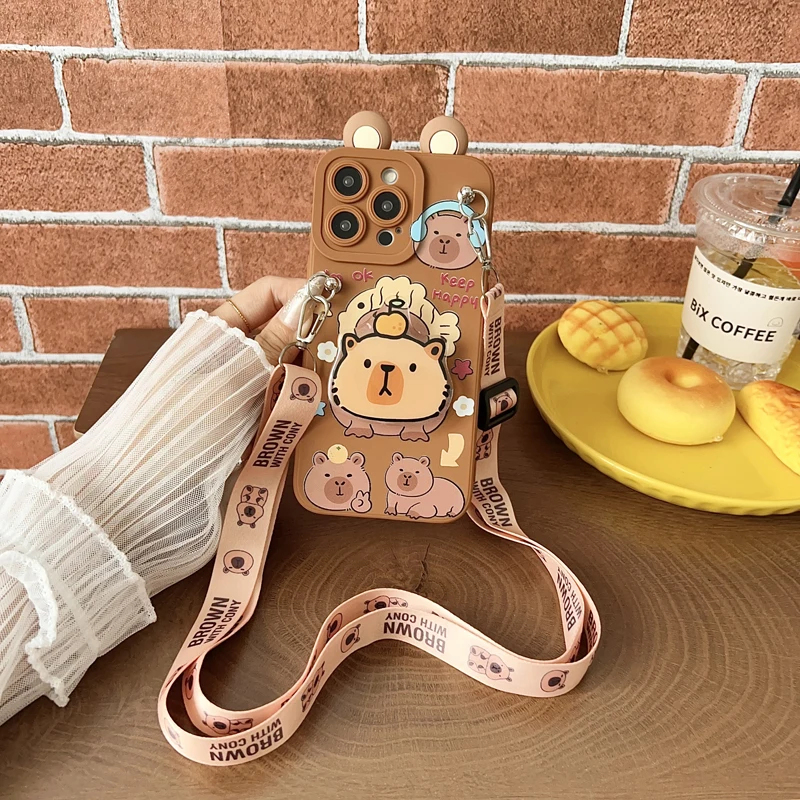 For Samsung Galaxy A17 A07 A16 A06 A26 A56 A04E A05 A05s A15 A25 A35 A55 Funny Capibala Case With Holder Rope