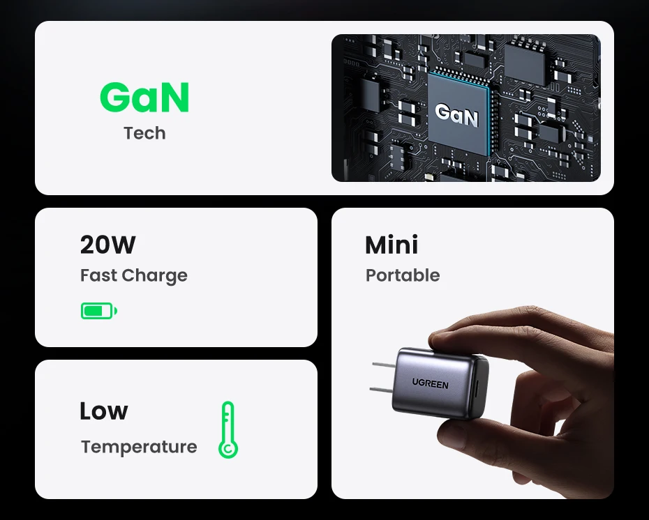 【US Plug】UGREEN 20W GaN Charger PD Fast Charger USB C PD3.0 QC3.0 Quick Charging For iPhone 15 14 Pro Samsung Xiaomi USB Charger