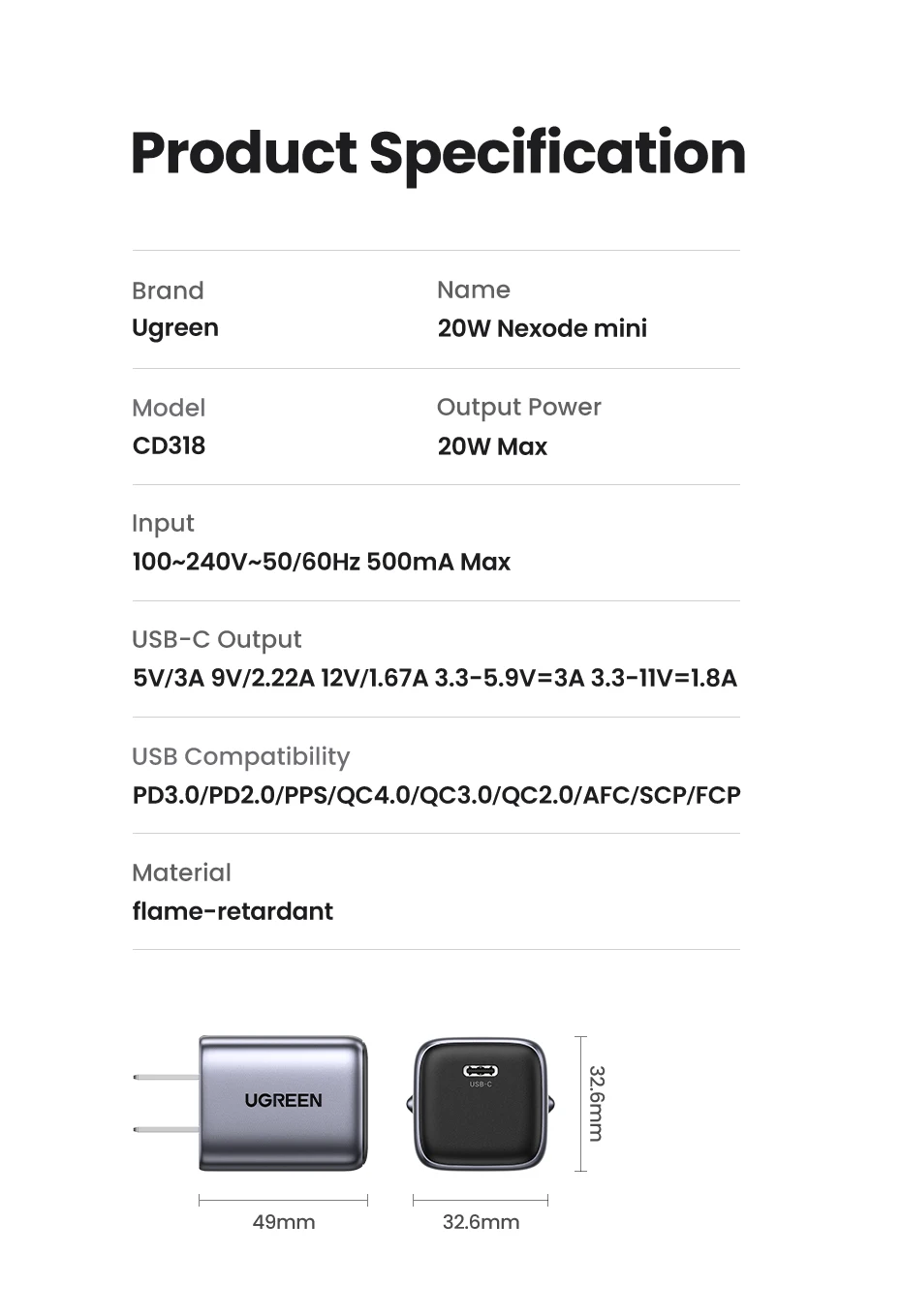 【US Plug】UGREEN 20W GaN Charger PD Fast Charger USB C PD3.0 QC3.0 Quick Charging For iPhone 15 14 Pro Samsung Xiaomi USB Charger