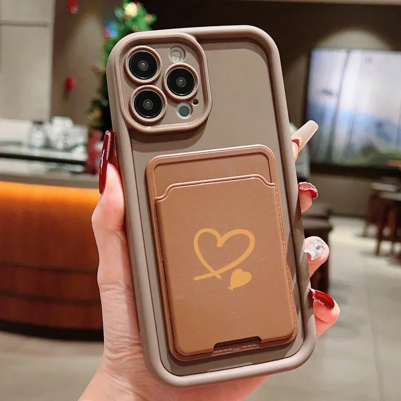 Luxuly Love Heart Insert Card Bag Silicone Soft Phone Case For iPhone 17 16 15 14 13 12 11 Pro Max 7 8 Plus 16E 17Air Soft Cover
