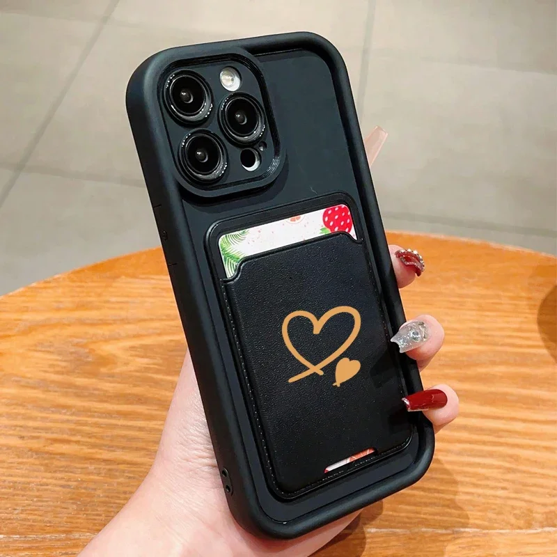 Luxuly Love Heart Insert Card Bag Silicone Soft Phone Case For iPhone 17 16 15 14 13 12 11 Pro Max 7 8 Plus 16E 17Air Soft Cover