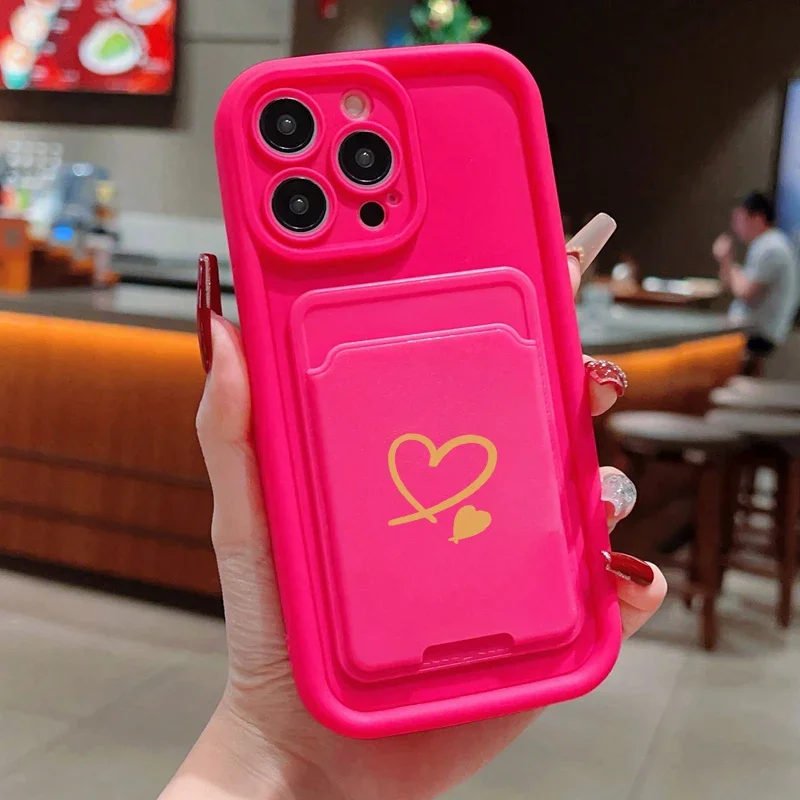 Luxuly Love Heart Insert Card Bag Silicone Soft Phone Case For iPhone 17 16 15 14 13 12 11 Pro Max 7 8 Plus 16E 17Air Soft Cover