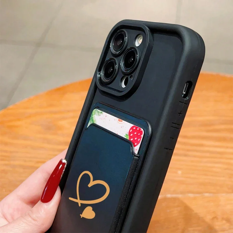 Luxuly Love Heart Insert Card Bag Silicone Soft Phone Case For iPhone 17 16 15 14 13 12 11 Pro Max 7 8 Plus 16E 17Air Soft Cover