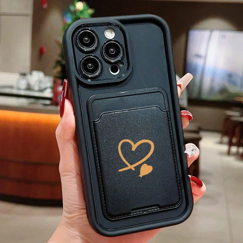 Luxuly Love Heart Insert Card Bag Silicone Soft Phone Case For iPhone 17 16 15 14 13 12 11 Pro Max 7 8 Plus 16E 17Air Soft Cover