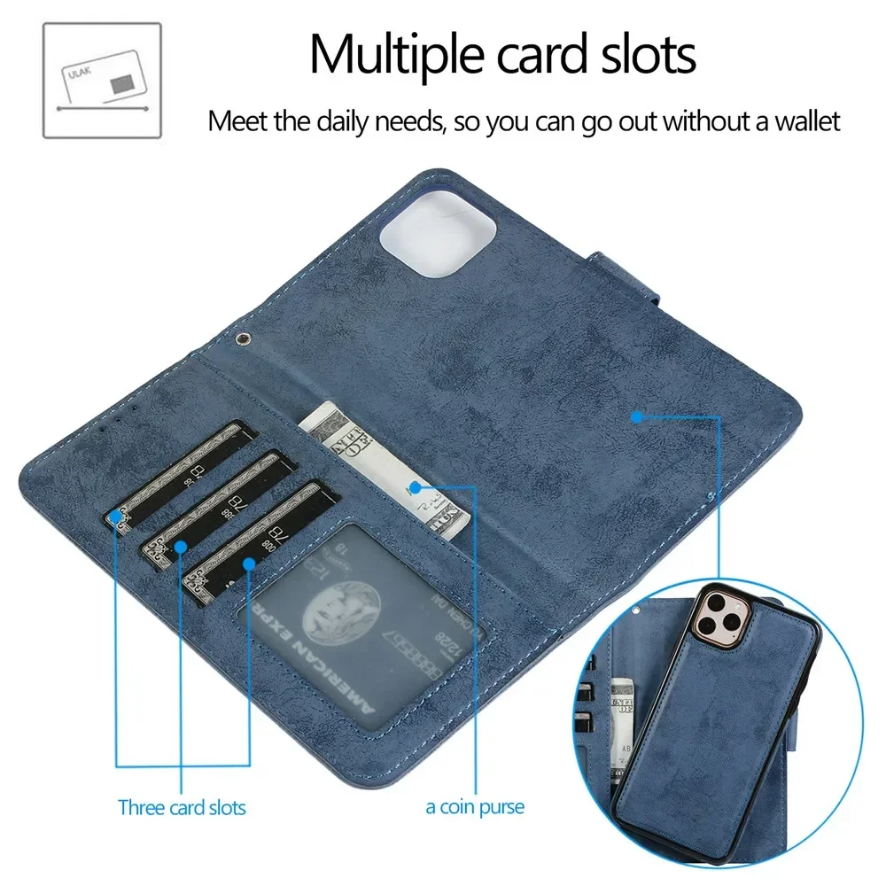 Luxury Leather Removable Flip Wallet Card Case for IPhone 13 14 15 16 Pro Max 12 Mini 11 XS XR X 8 7 Plus SE2022 Phone Bag Cover