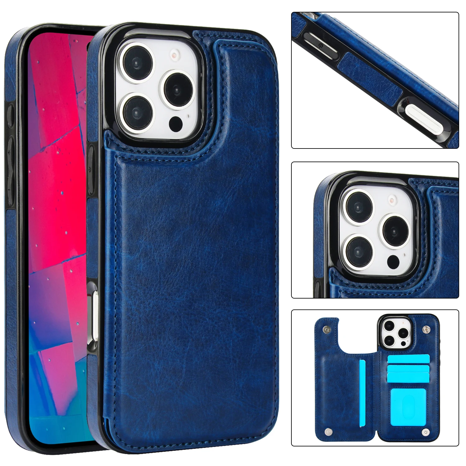 For iPhone 16 15 14 Plus 13 12 Mini 11 Pro Max PU Leather Case Kickstand Card Holder, Double Magnetic Clasp and Durable Shockpro