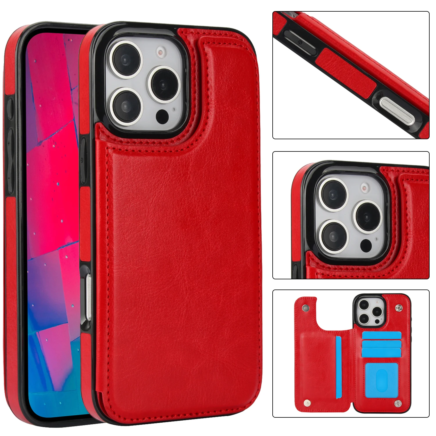 For iPhone 16 15 14 Plus 13 12 Mini 11 Pro Max PU Leather Case Kickstand Card Holder, Double Magnetic Clasp and Durable Shockpro