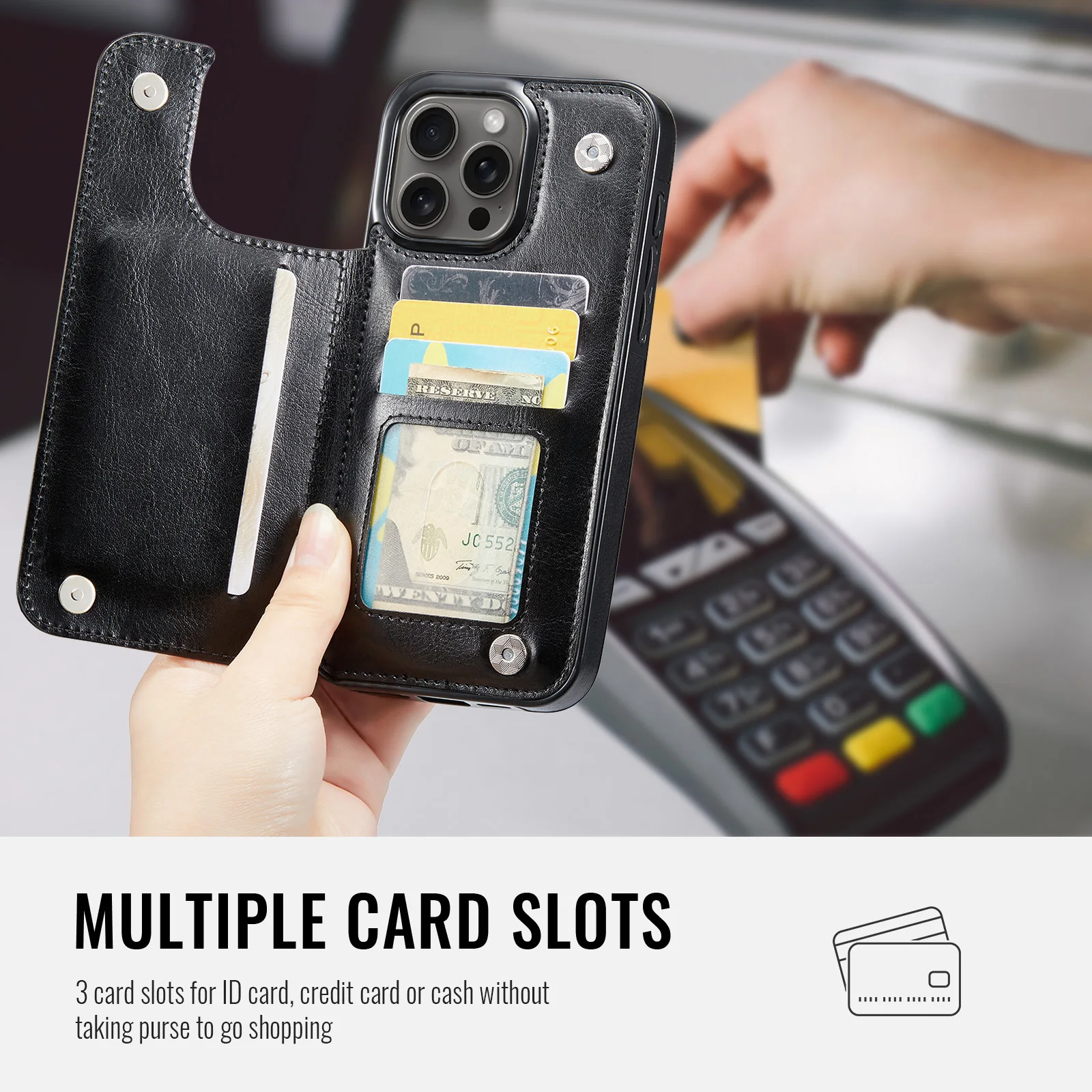 For iPhone 16 15 14 Plus 13 12 Mini 11 Pro Max PU Leather Case Kickstand Card Holder, Double Magnetic Clasp and Durable Shockpro