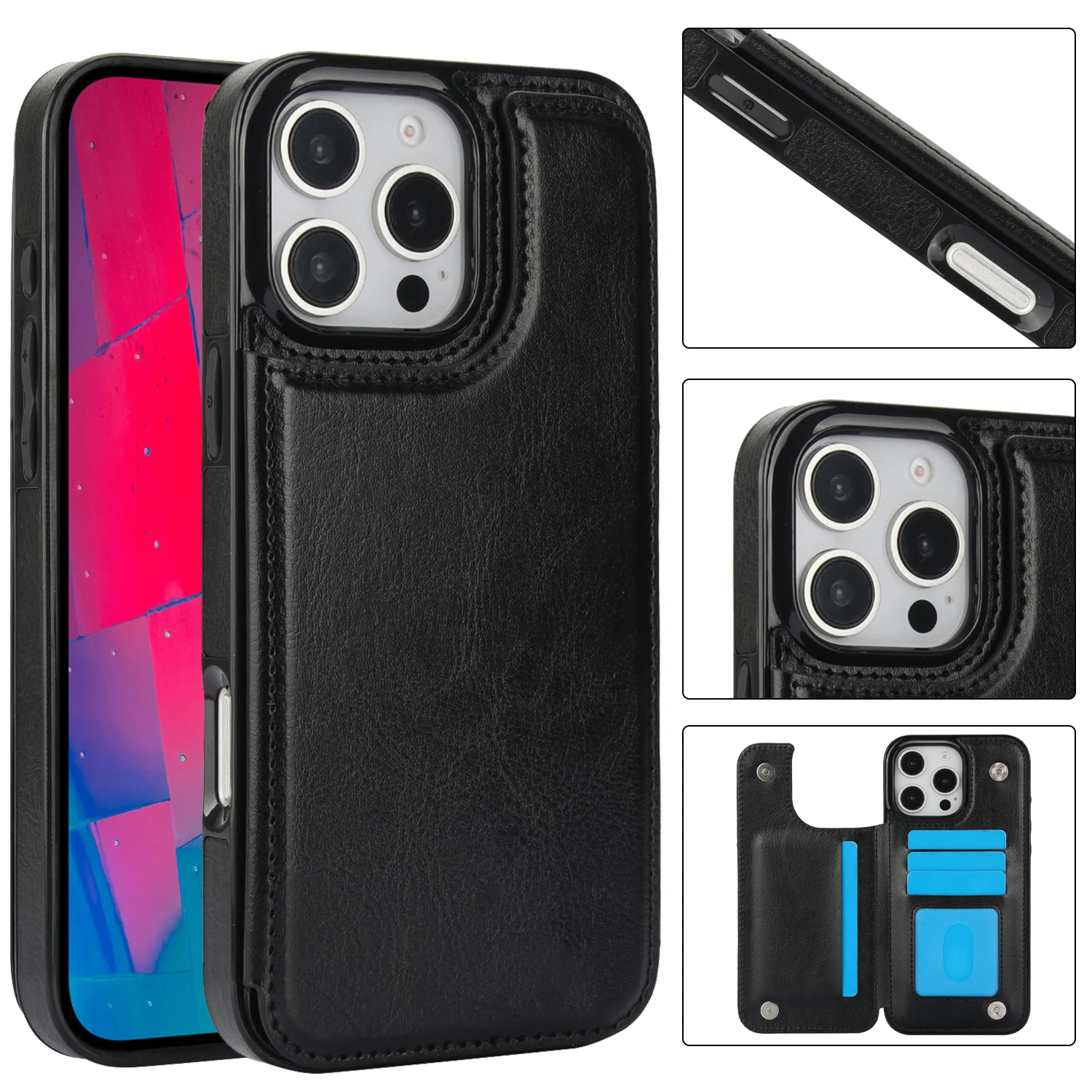 For iPhone 16 15 14 Plus 13 12 Mini 11 Pro Max PU Leather Case Kickstand Card Holder, Double Magnetic Clasp and Durable Shockpro