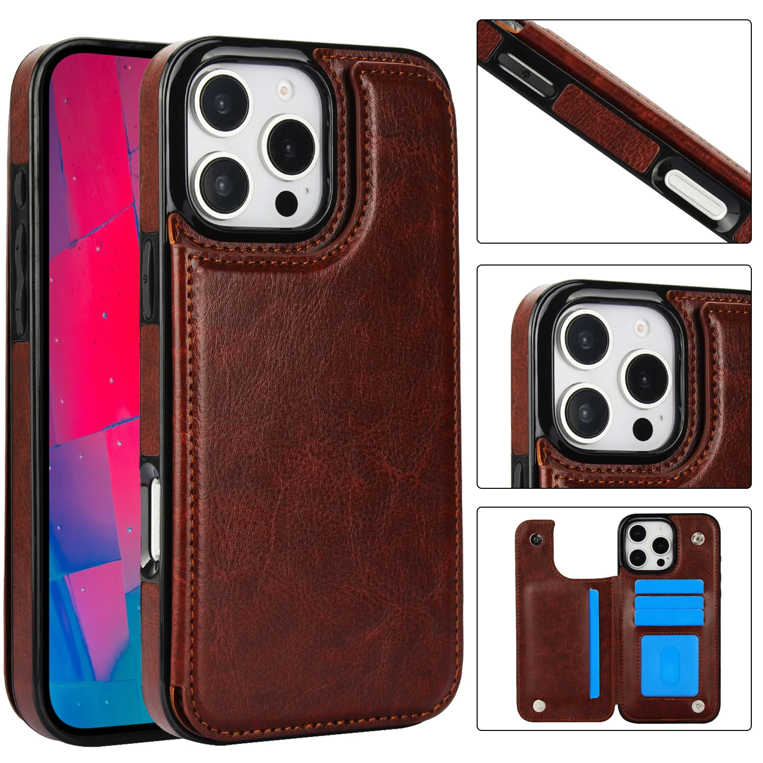 For iPhone 16 15 14 Plus 13 12 Mini 11 Pro Max PU Leather Case Kickstand Card Holder, Double Magnetic Clasp and Durable Shockpro