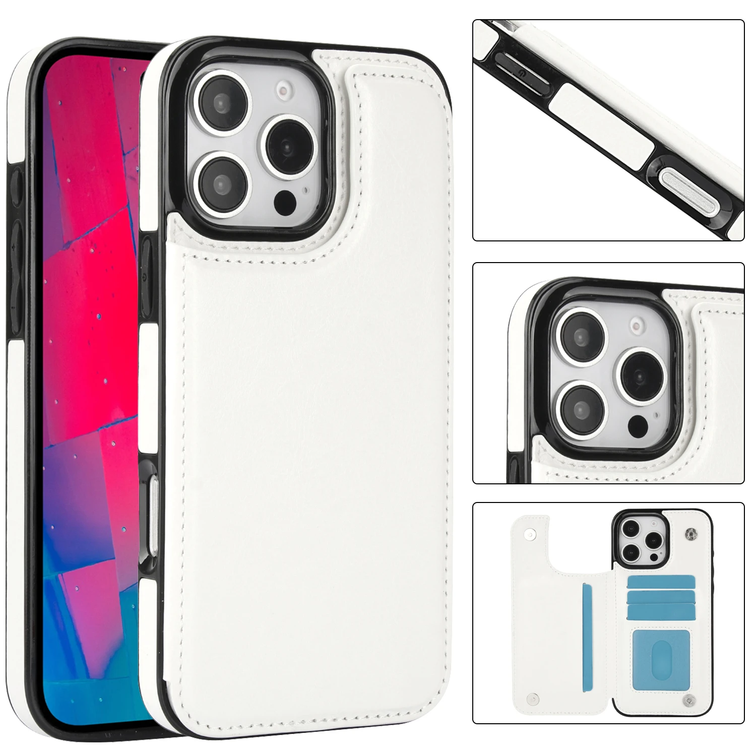 For iPhone 16 15 14 Plus 13 12 Mini 11 Pro Max PU Leather Case Kickstand Card Holder, Double Magnetic Clasp and Durable Shockpro