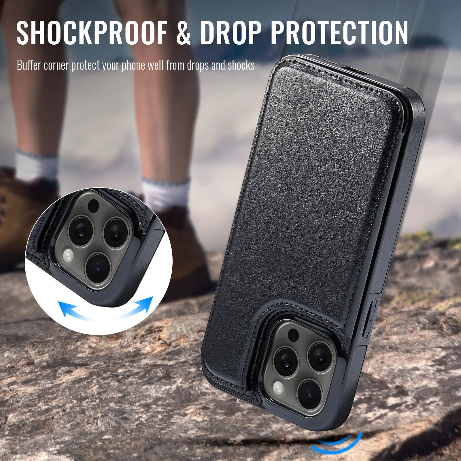 For iPhone 16 15 14 Plus 13 12 Mini 11 Pro Max PU Leather Case Kickstand Card Holder, Double Magnetic Clasp and Durable Shockpro