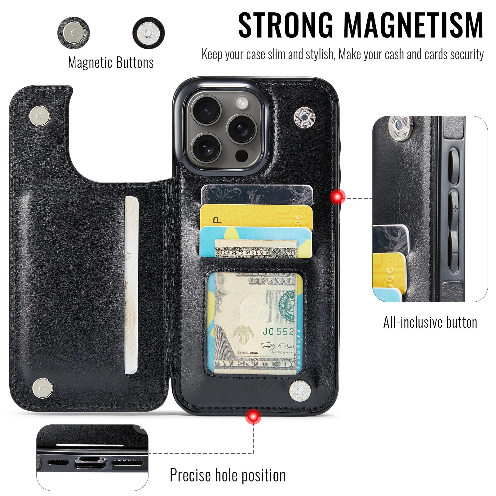 For iPhone 16 15 14 Plus 13 12 Mini 11 Pro Max PU Leather Case Kickstand Card Holder, Double Magnetic Clasp and Durable Shockpro