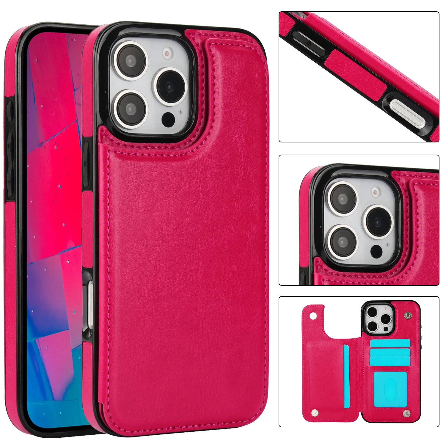 For iPhone 16 15 14 Plus 13 12 Mini 11 Pro Max PU Leather Case Kickstand Card Holder, Double Magnetic Clasp and Durable Shockpro