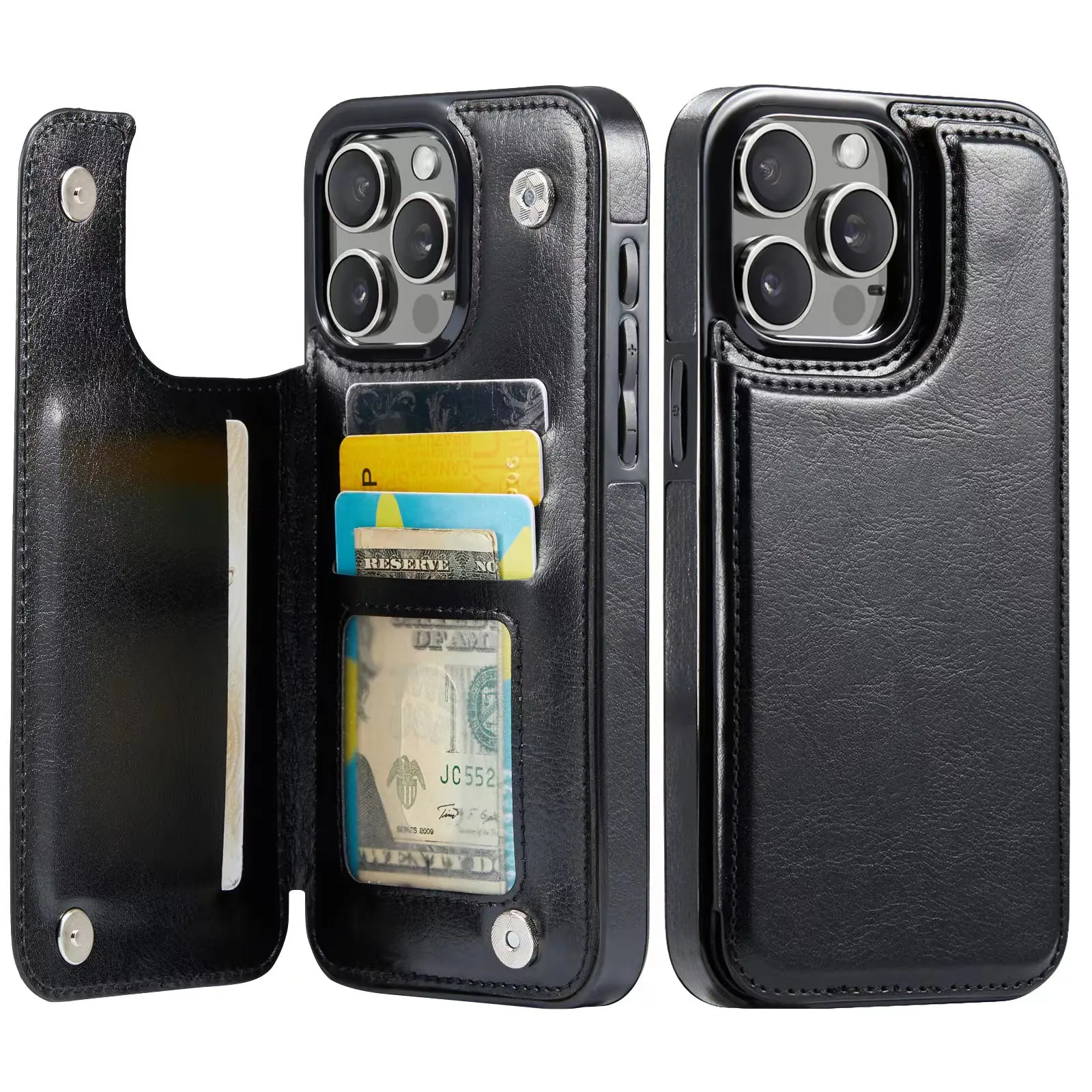 For iPhone 16 15 14 Plus 13 12 Mini 11 Pro Max PU Leather Case Kickstand Card Holder, Double Magnetic Clasp and Durable Shockpro