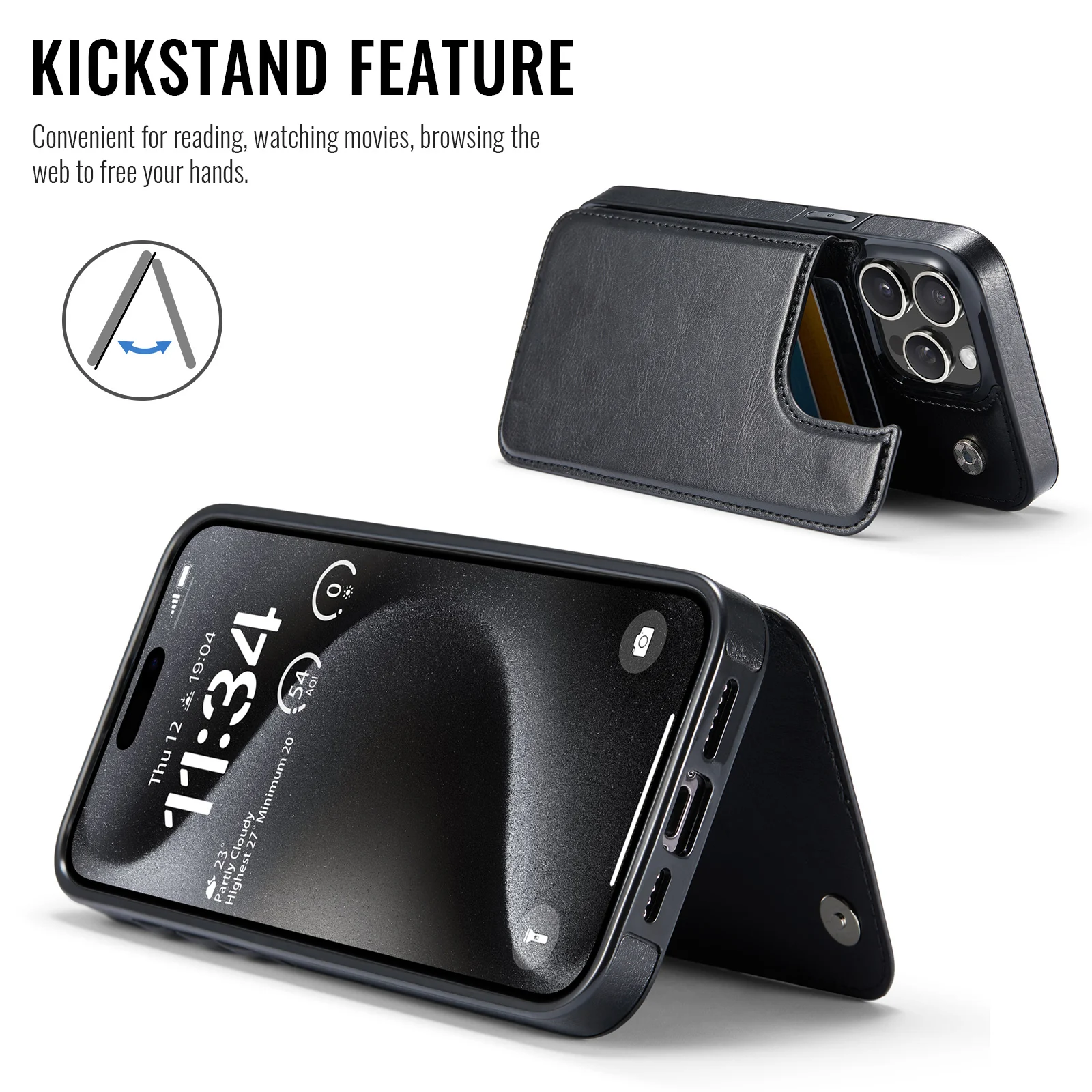 For iPhone 16 15 14 Plus 13 12 Mini 11 Pro Max PU Leather Case Kickstand Card Holder, Double Magnetic Clasp and Durable Shockpro