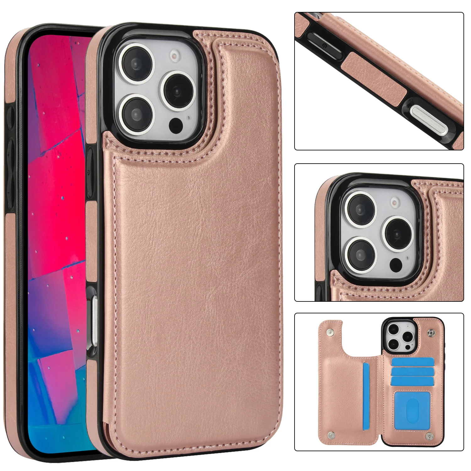 For iPhone 16 15 14 Plus 13 12 Mini 11 Pro Max PU Leather Case Kickstand Card Holder, Double Magnetic Clasp and Durable Shockpro