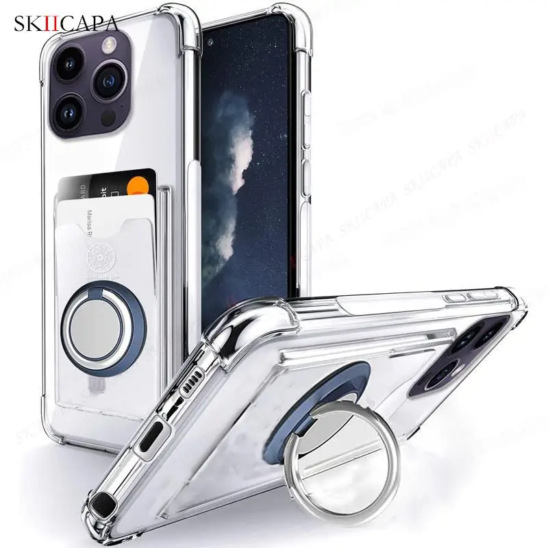 Shockproof Airbag Ring Holder Clear Phone Case for iPhone 16 Pro Max 16 Plus 15 14 13 12 11Pro 16E Card Slot Stand Soft Cover