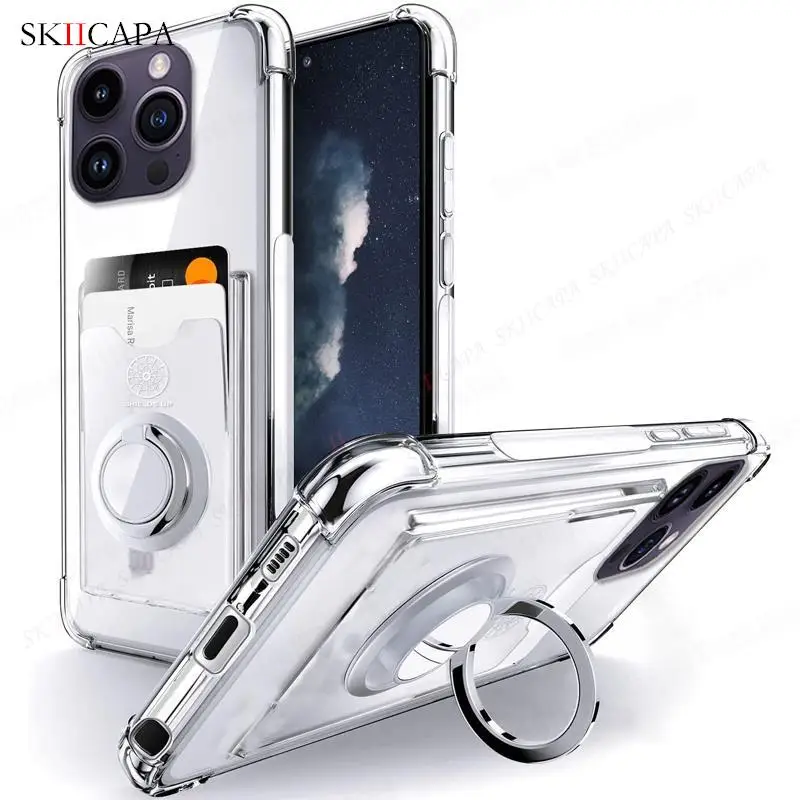 Shockproof Airbag Ring Holder Clear Phone Case for iPhone 16 Pro Max 16 Plus 15 14 13 12 11Pro 16E Card Slot Stand Soft Cover