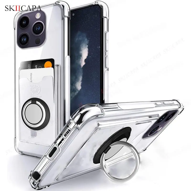 Shockproof Airbag Ring Holder Clear Phone Case for iPhone 16 Pro Max 16 Plus 15 14 13 12 11Pro 16E Card Slot Stand Soft Cover