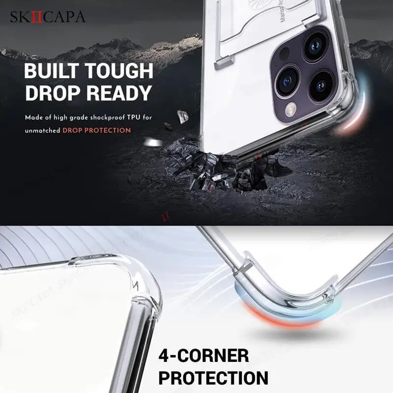 Shockproof Airbag Ring Holder Clear Phone Case for iPhone 16 Pro Max 16 Plus 15 14 13 12 11Pro 16E Card Slot Stand Soft Cover