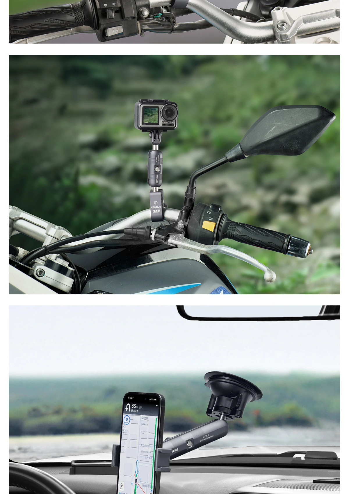 FANAUE Aluminum Alloy Double Socket Arm for 20mm Ball Head Base Adapter for Gopro insta360 Bike Motorcycle Camera Extension Arm