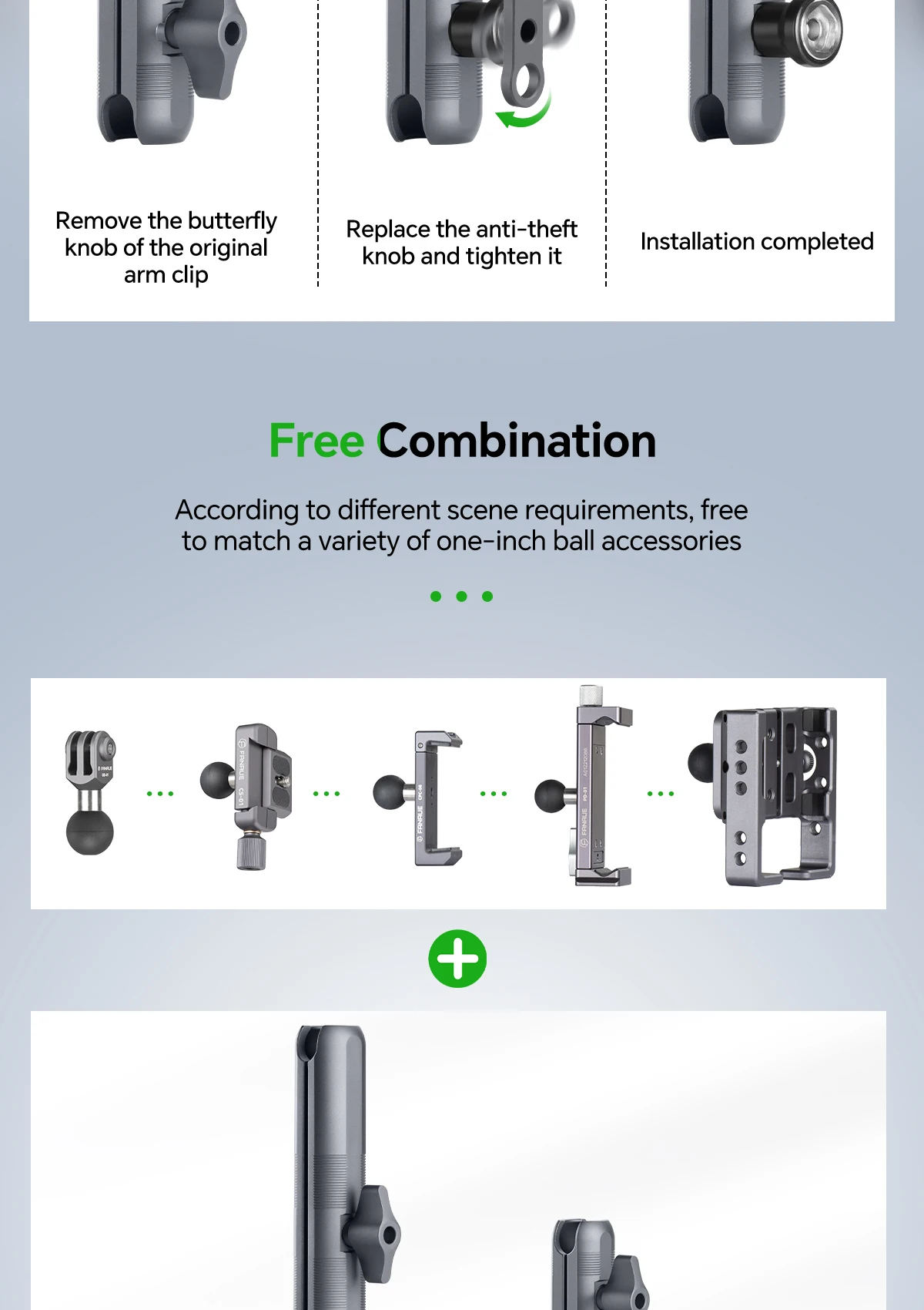 FANAUE Aluminum Alloy Double Socket Arm for 20mm Ball Head Base Adapter for Gopro insta360 Bike Motorcycle Camera Extension Arm