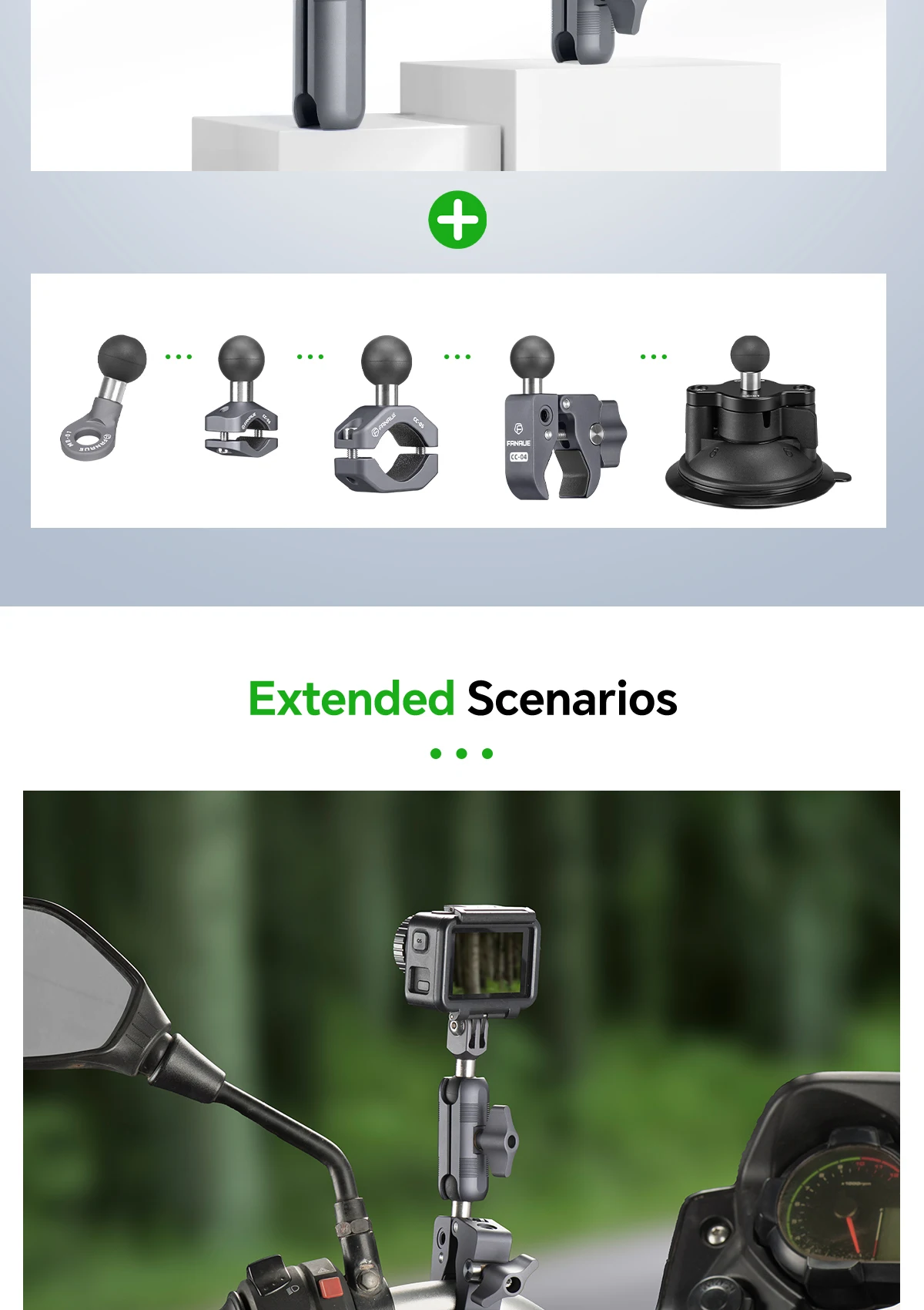 FANAUE Aluminum Alloy Double Socket Arm for 20mm Ball Head Base Adapter for Gopro insta360 Bike Motorcycle Camera Extension Arm
