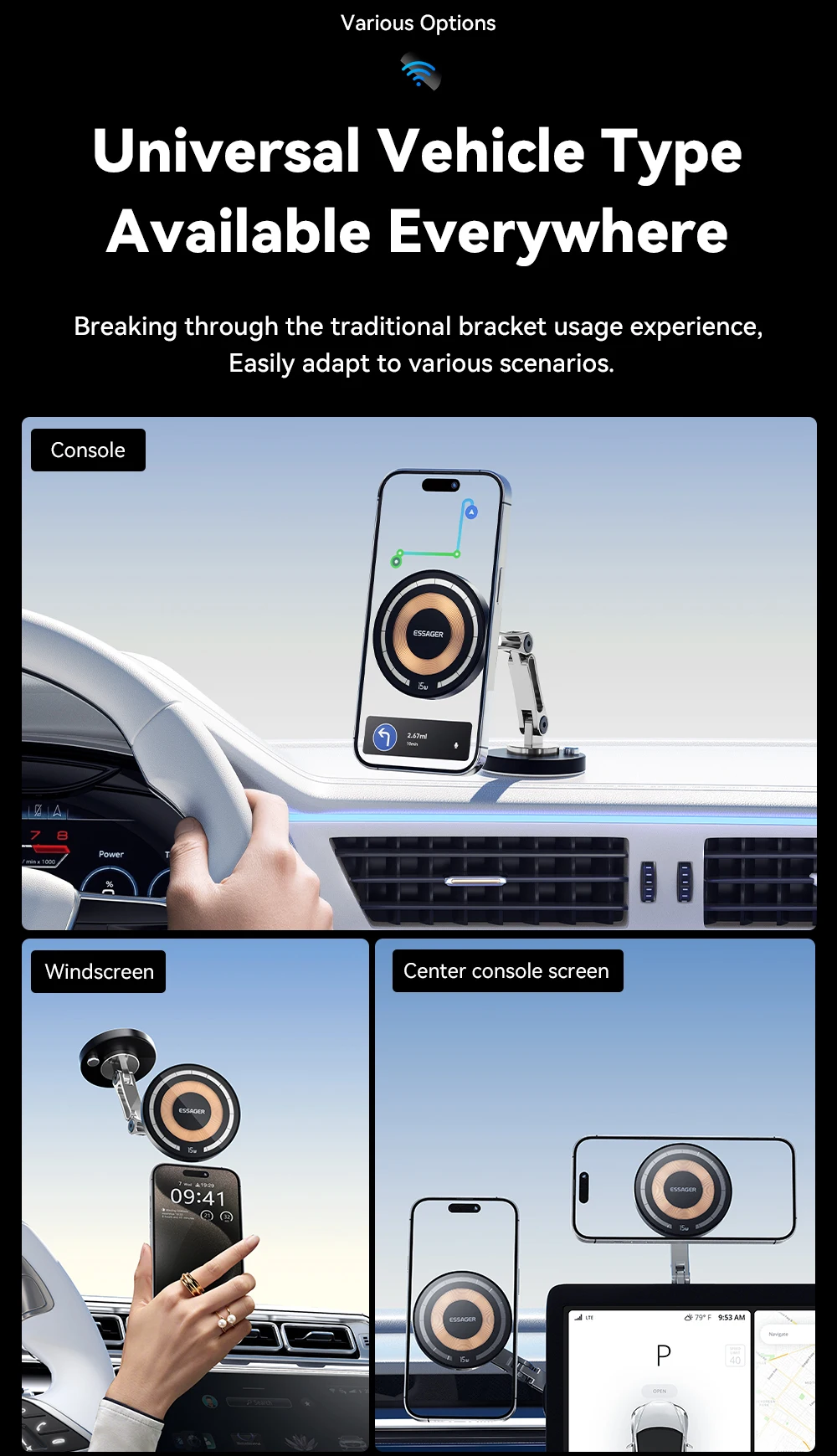 Essager 15W Magnetic Wireless Car Phone Holder Telescoping 360 Degree Car Mount For iphone 15 14 Samsung Universal Holder Stand