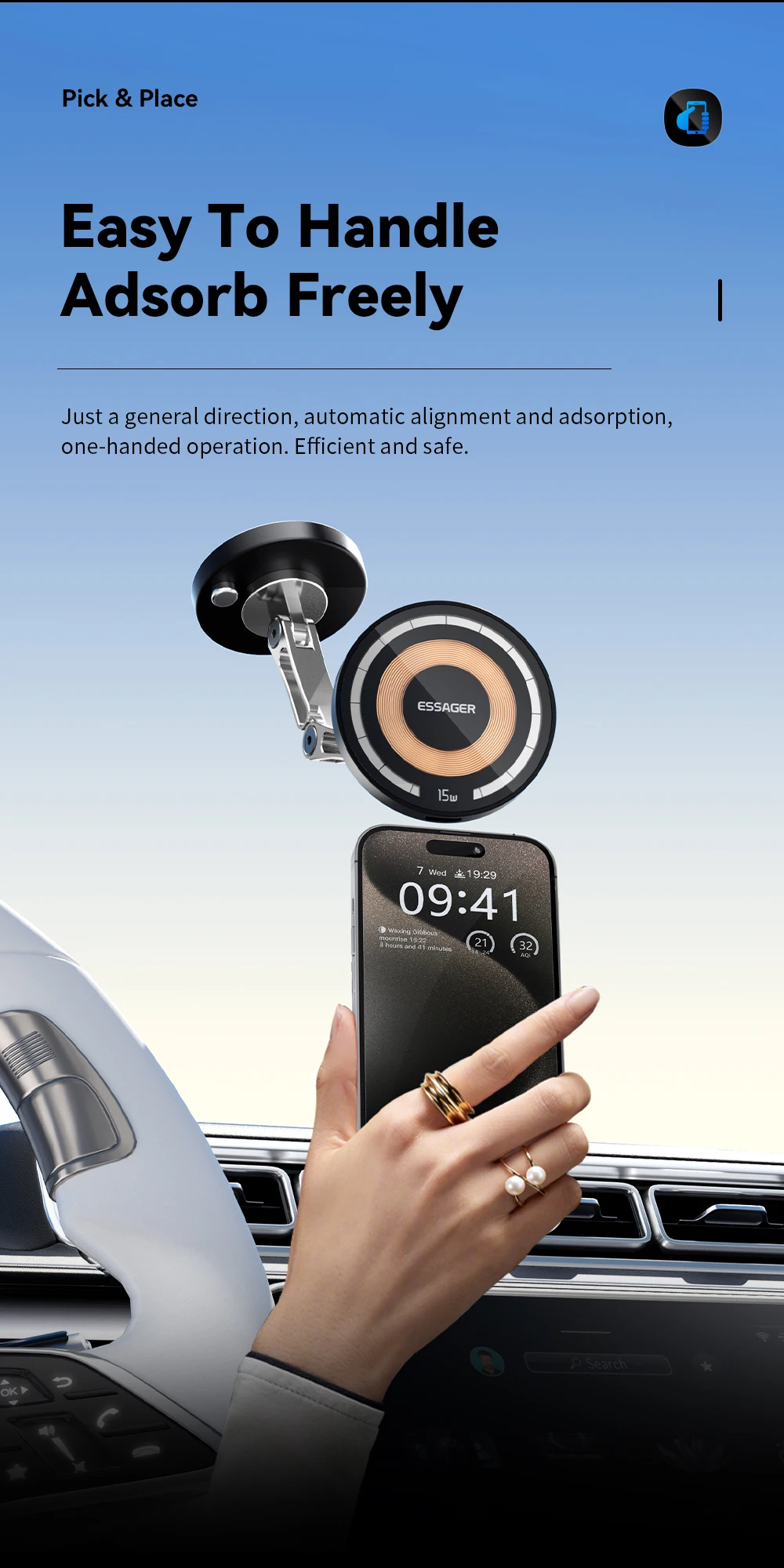 Essager 15W Magnetic Wireless Car Phone Holder Telescoping 360 Degree Car Mount For iphone 15 14 Samsung Universal Holder Stand