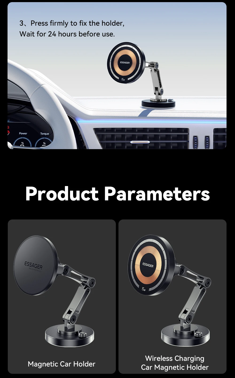 Essager 15W Magnetic Wireless Car Phone Holder Telescoping 360 Degree Car Mount For iphone 15 14 Samsung Universal Holder Stand