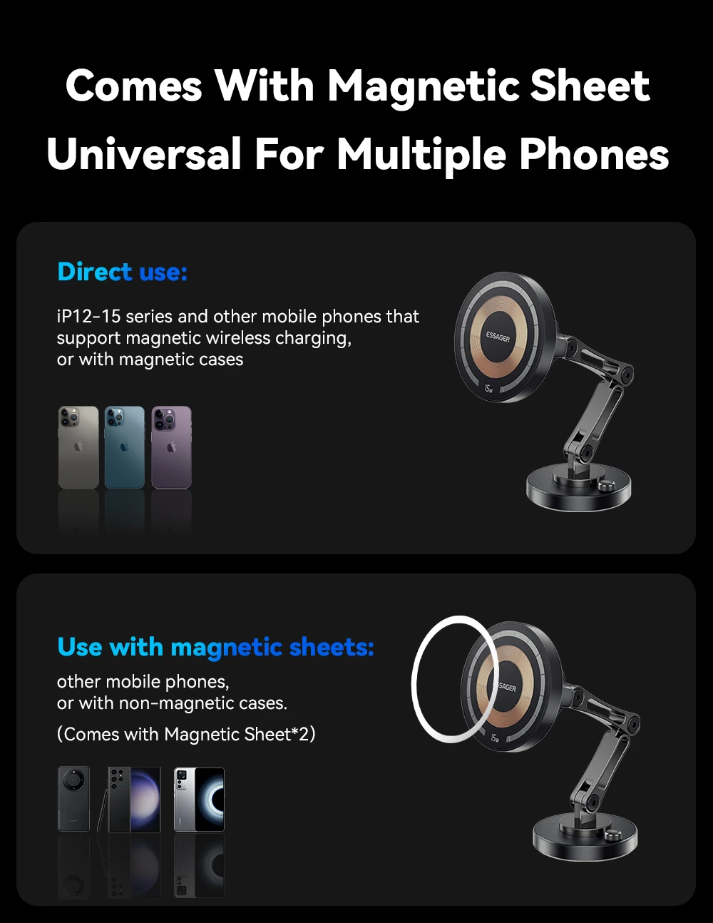 Essager 15W Magnetic Wireless Car Phone Holder Telescoping 360 Degree Car Mount For iphone 15 14 Samsung Universal Holder Stand