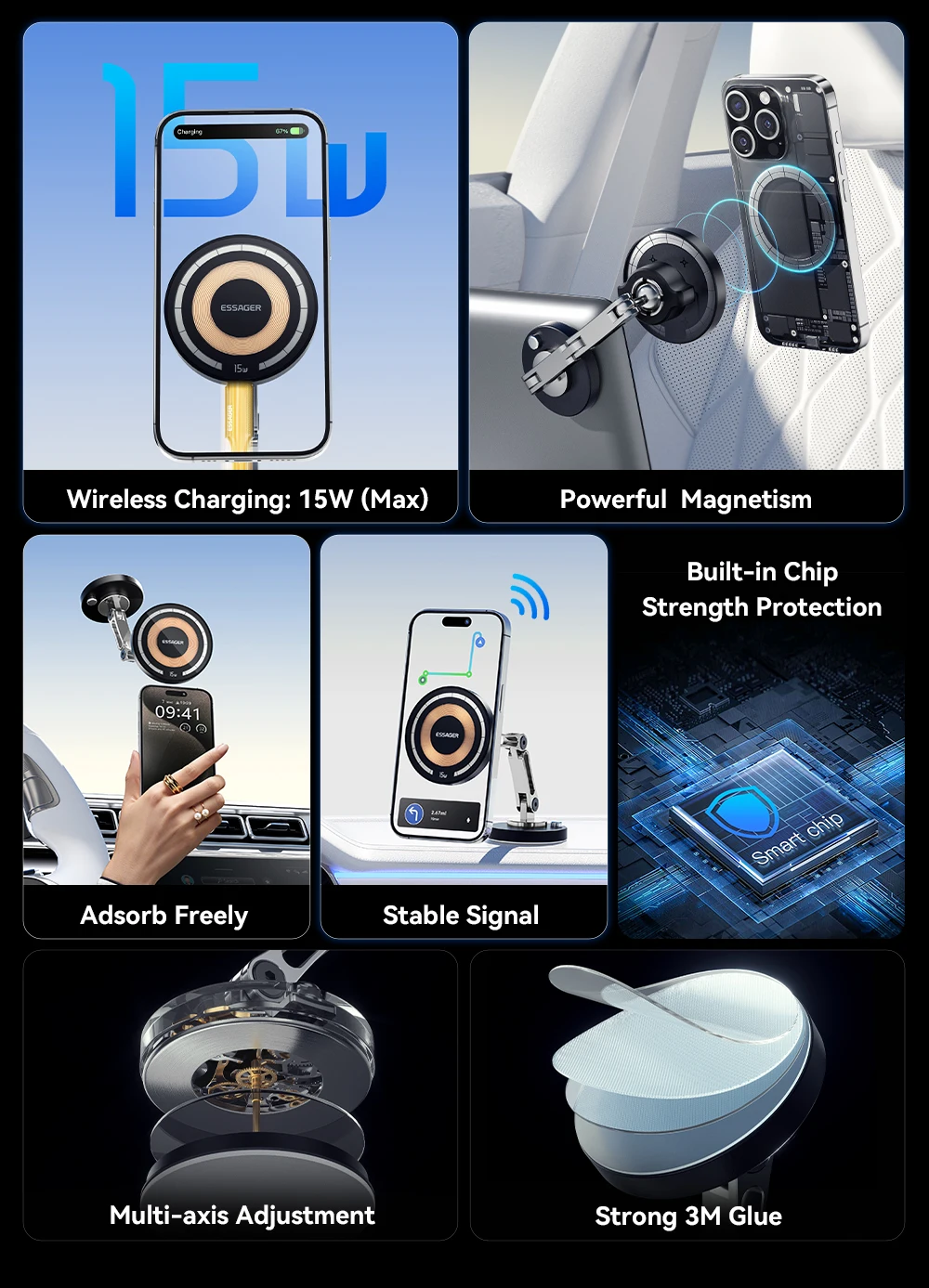 Essager 15W Magnetic Wireless Car Phone Holder Telescoping 360 Degree Car Mount For iphone 15 14 Samsung Universal Holder Stand
