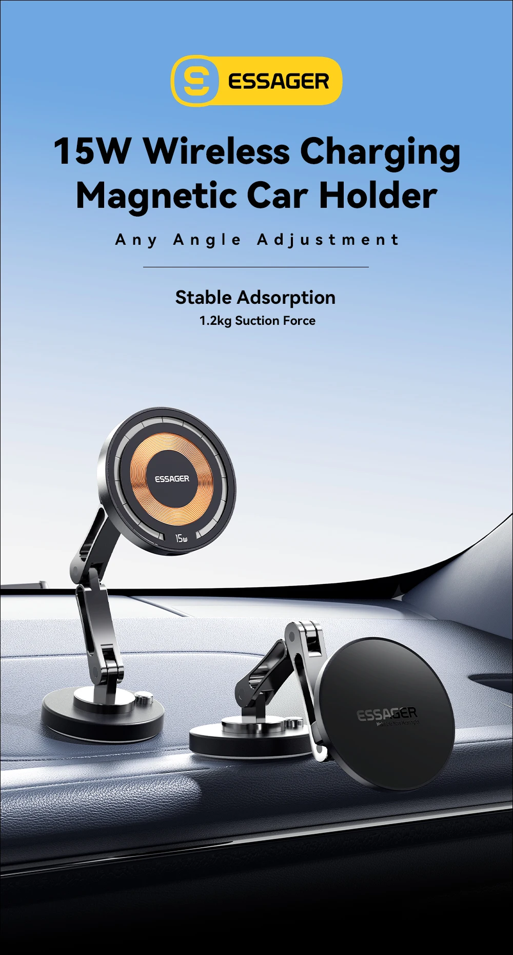 Essager 15W Magnetic Wireless Car Phone Holder Telescoping 360 Degree Car Mount For iphone 15 14 Samsung Universal Holder Stand