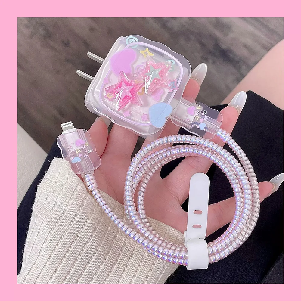 Blue Flower Charger Cable Protector For iPhone15 14 13 18W20W Charger Protector 2024 New Cute Data Line Spiral Winder Protective
