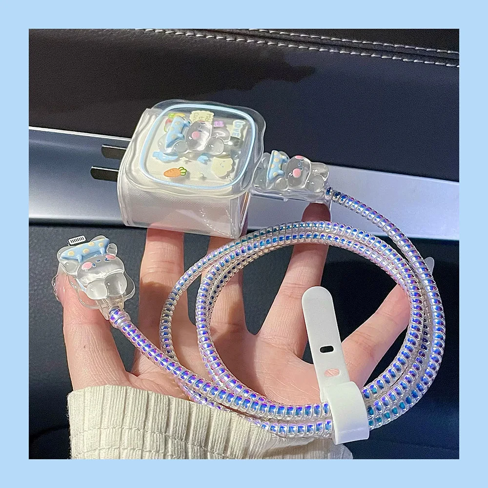 Blue Flower Charger Cable Protector For iPhone15 14 13 18W20W Charger Protector 2024 New Cute Data Line Spiral Winder Protective