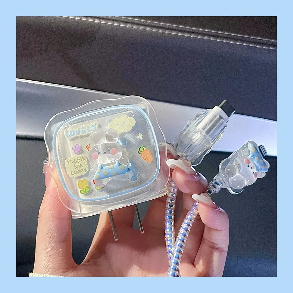 Blue Flower Charger Cable Protector For iPhone15 14 13 18W20W Charger Protector 2024 New Cute Data Line Spiral Winder Protective