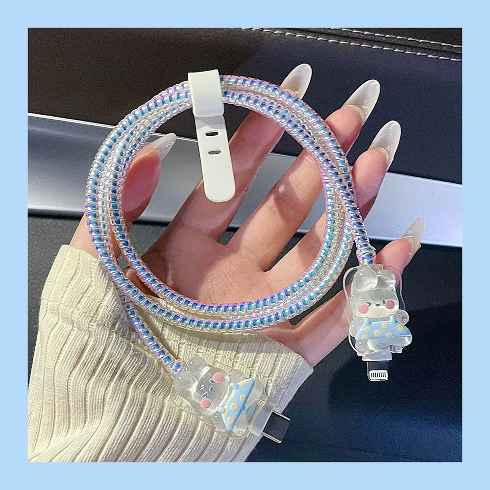 Blue Flower Charger Cable Protector For iPhone15 14 13 18W20W Charger Protector 2024 New Cute Data Line Spiral Winder Protective