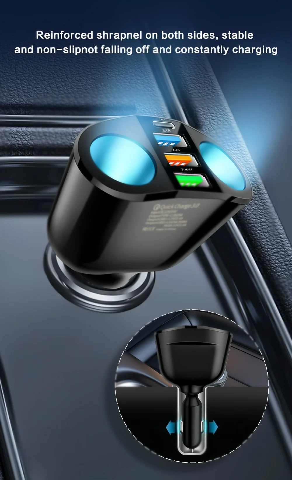 66W 4 Ports Car Charger Fast Charging USB Type C Car Phone Charger For iPhone Xiaomi Samsung Car Cigarette Lighter Power Adapter