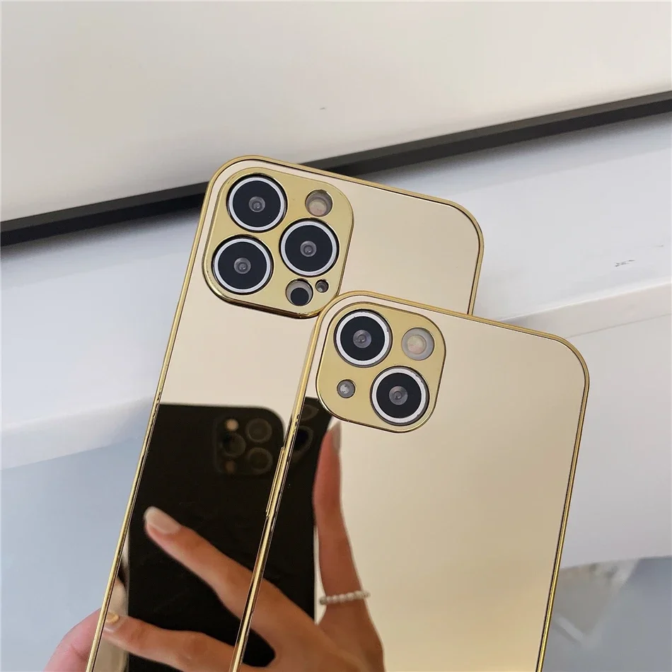 Luxury Glossy Plating Gold Silver Mirror Plain Phone Case for iPhone 16 15 14 13 12 11 Pro Max 15 14 16 Plus Back Cover Coques