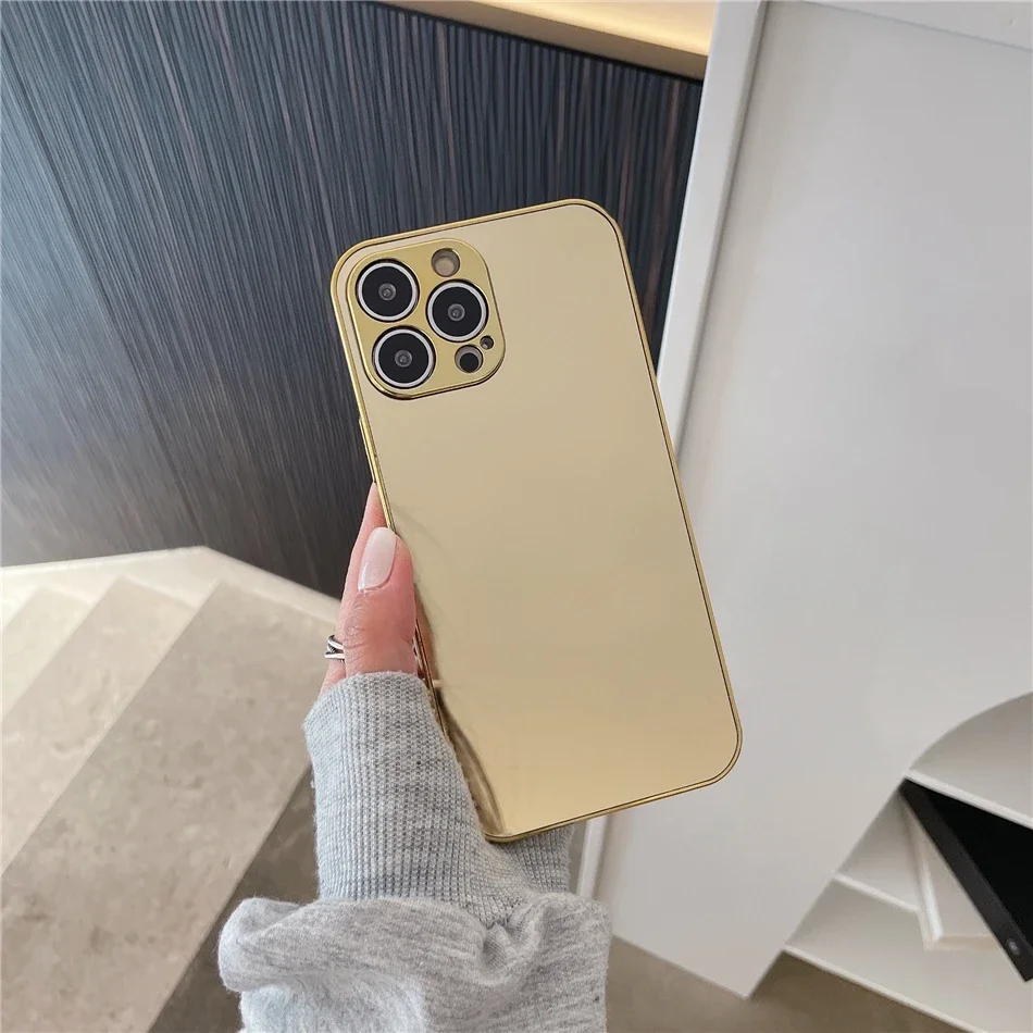 Luxury Glossy Plating Gold Silver Mirror Plain Phone Case for iPhone 16 15 14 13 12 11 Pro Max 15 14 16 Plus Back Cover Coques