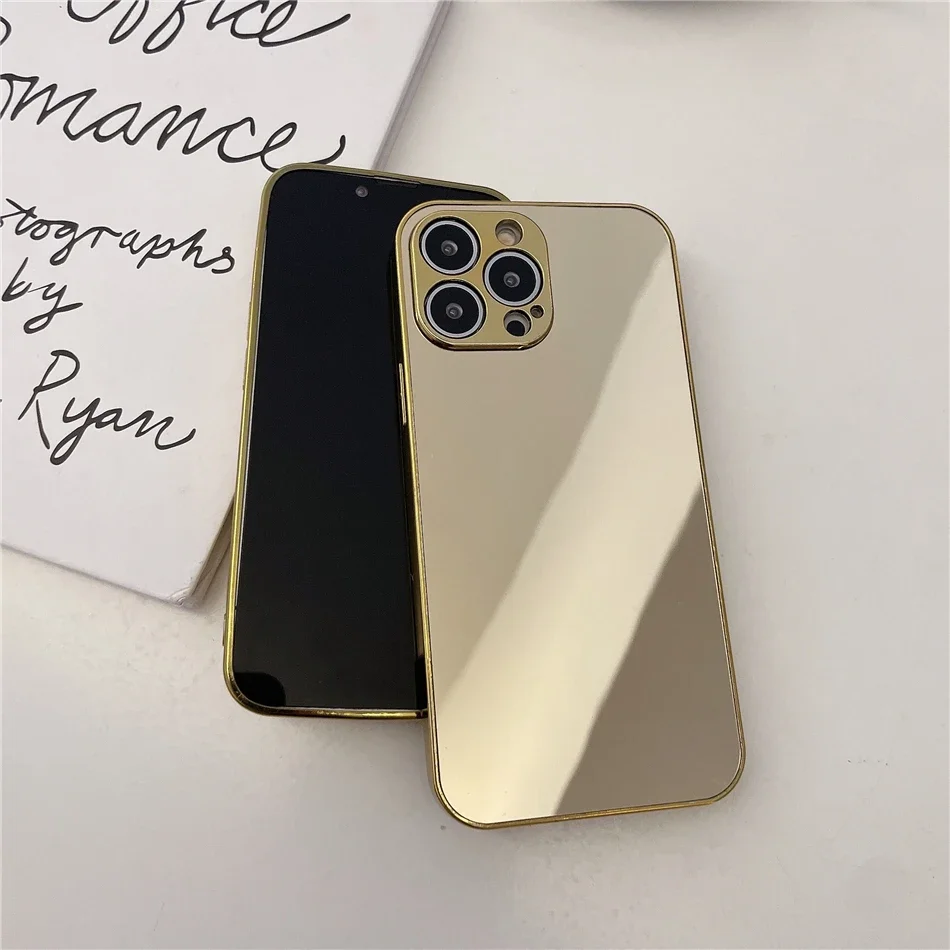 Luxury Glossy Plating Gold Silver Mirror Plain Phone Case for iPhone 16 15 14 13 12 11 Pro Max 15 14 16 Plus Back Cover Coques